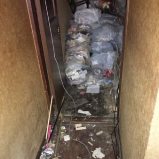階段までゴミの山です。恐怖ネズミ屋敷